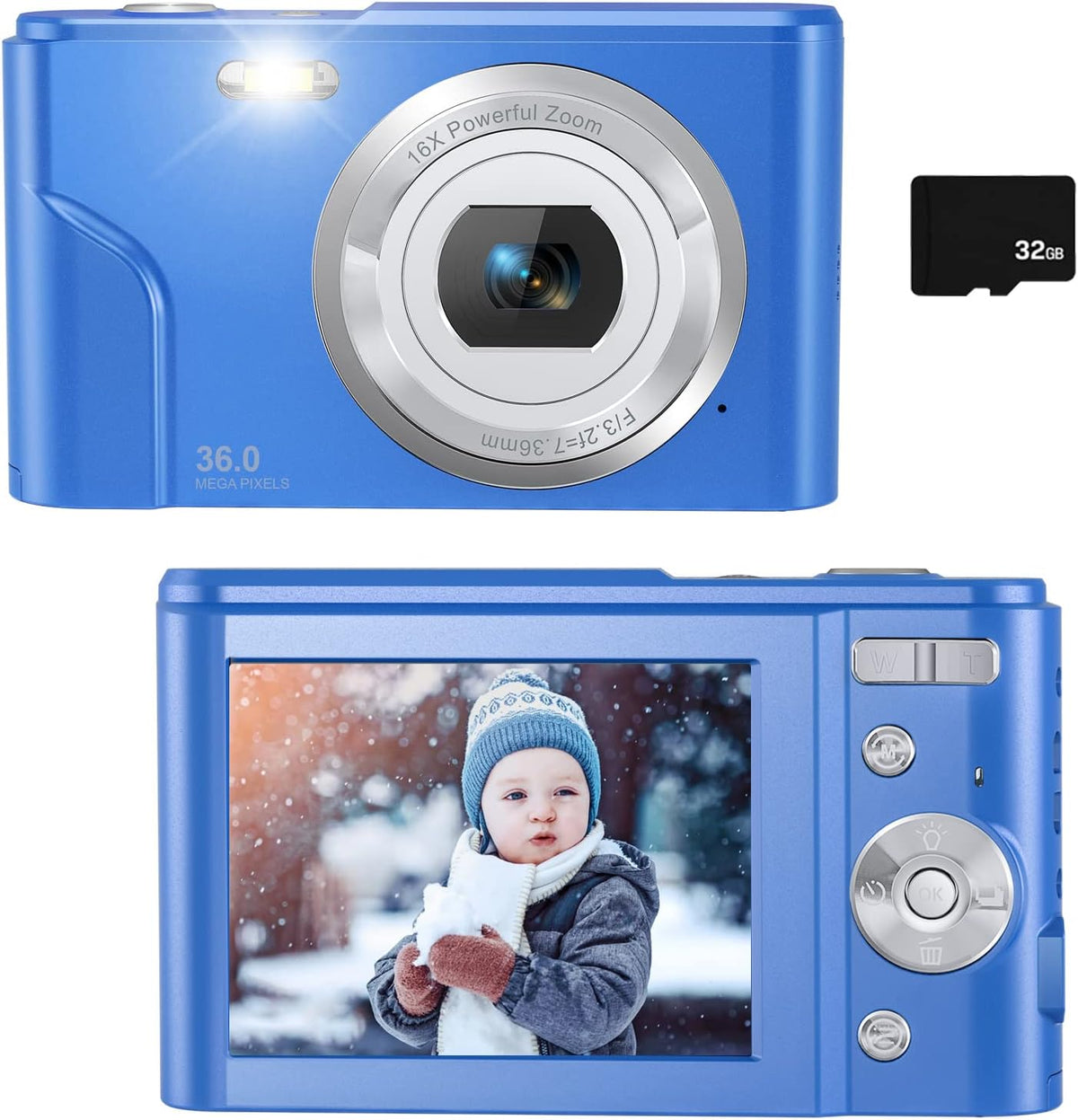 Light Blue 36MP Full HD 1080P Rechargeable Kids Camera with 32GB SD Card D3195
