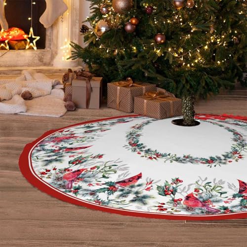 Christmas Tree Skirt 36 Inches Red Poinsettia Floral Holly Leaves White U736