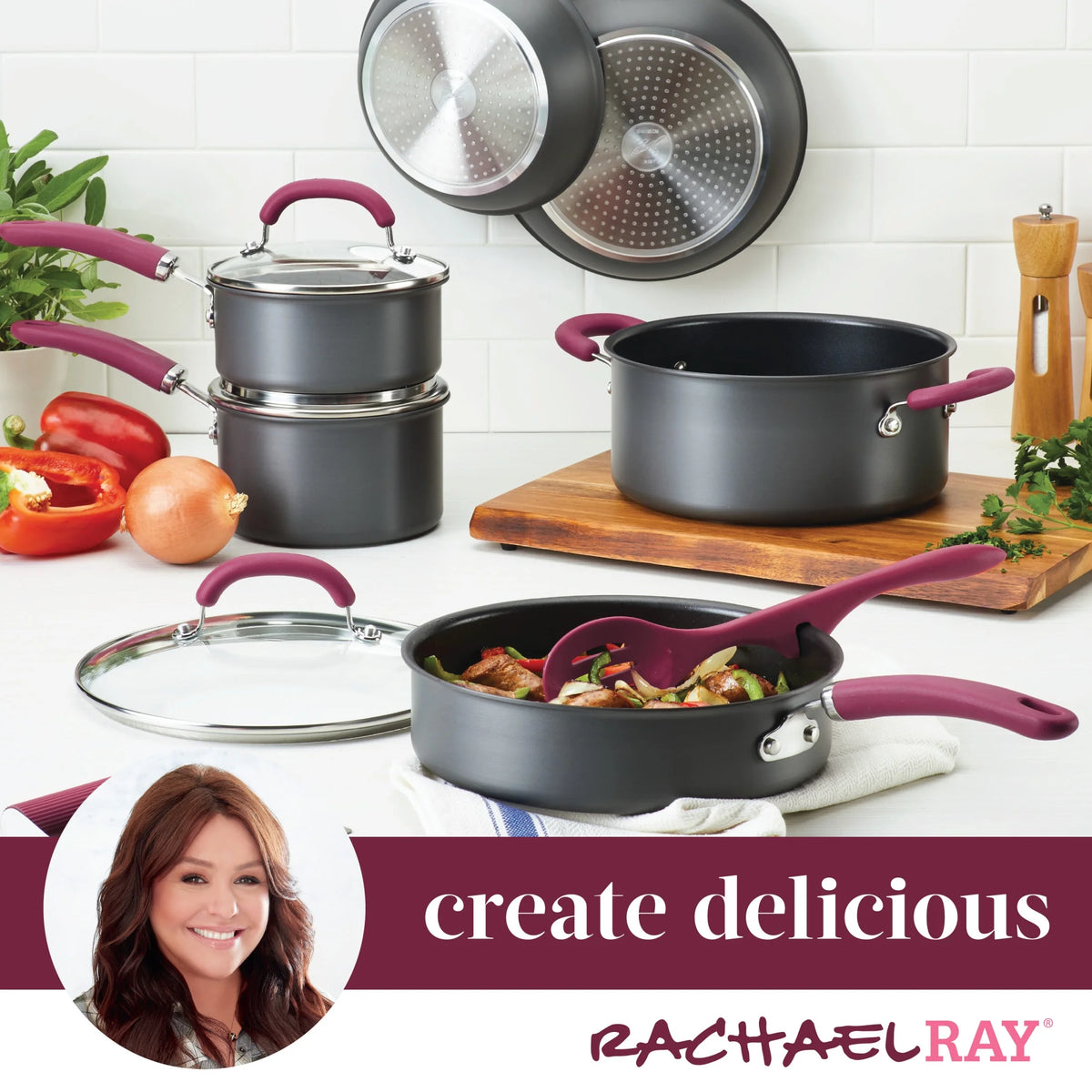 11 Piece Nonstick Pots and Pans Set, Burgundy Handles S343