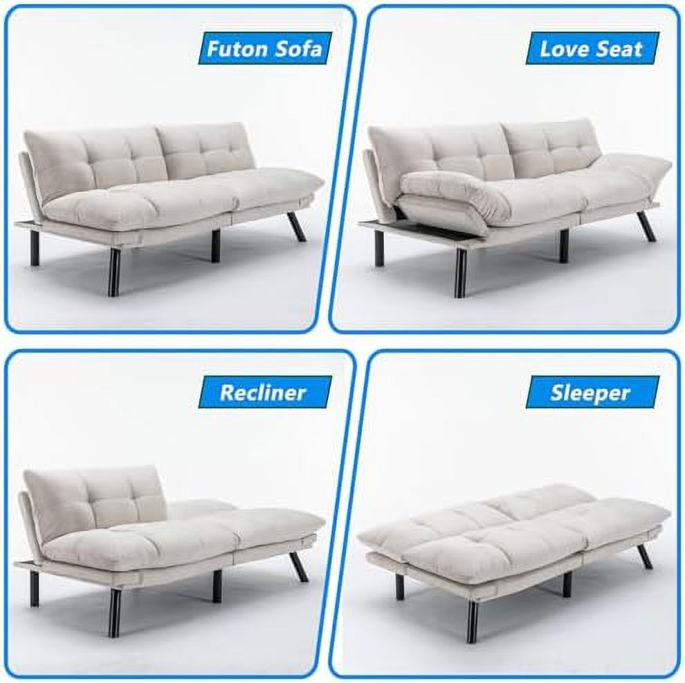 70" Modern Velvet Futon Sleeper Sofa Bed with Adjustable Backrests and Folding Armrest U7728