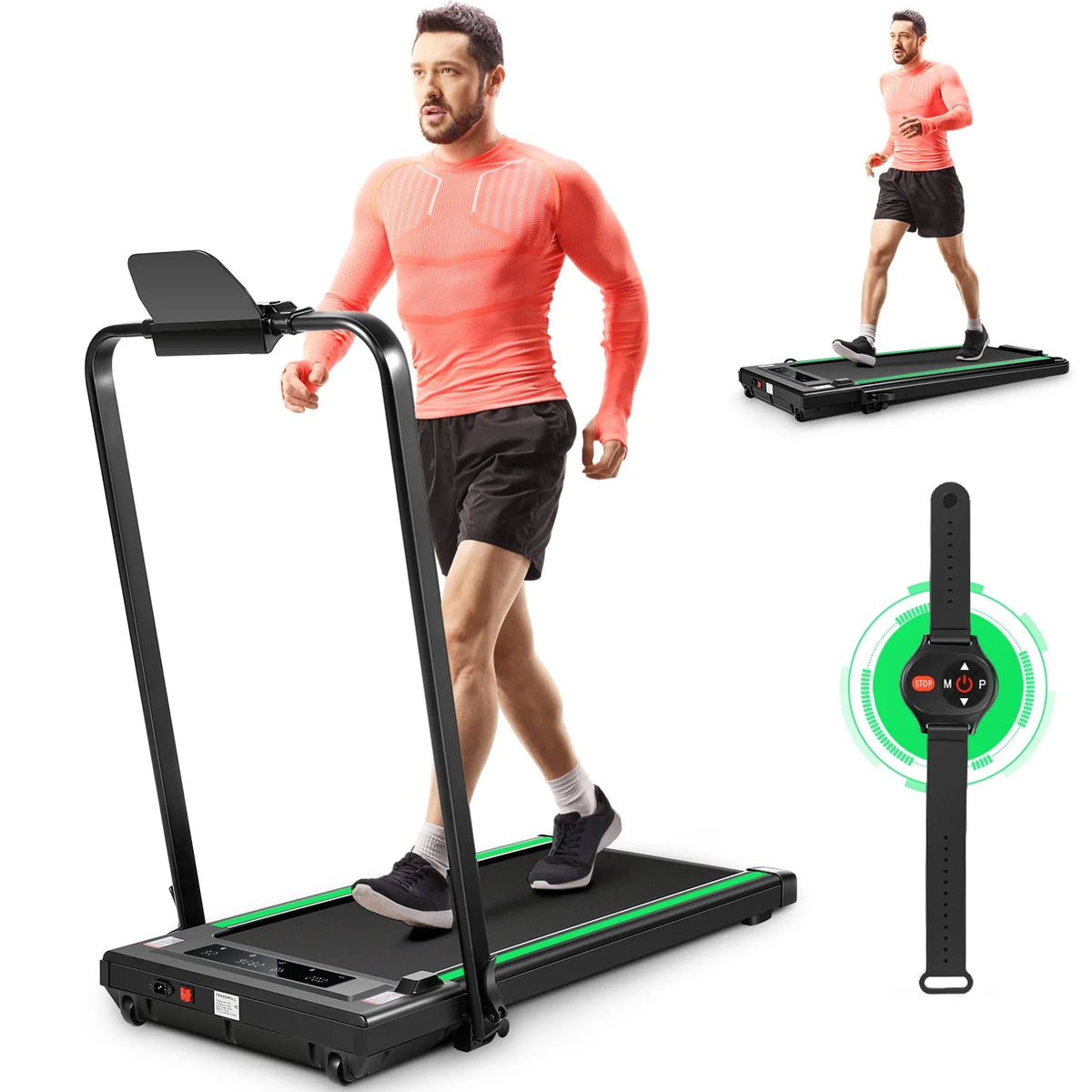 4 in 1 Under Desk Treadmill 2.5HP 300 lbs Capacity Black Green R1929