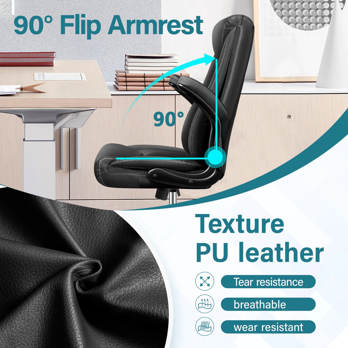 Black Leather Ergonomic Executive Office Chair with Adjustable Flip-Up Arms V96583