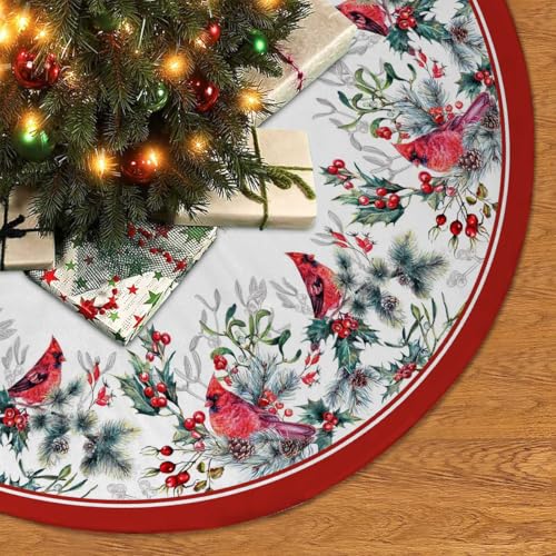 Christmas Tree Skirt 36 Inches Red Poinsettia Floral Holly Leaves White U736