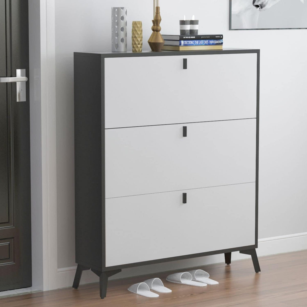 Light Grey Wood Shoe Storage Cabinet with 3 Compartments Z36393