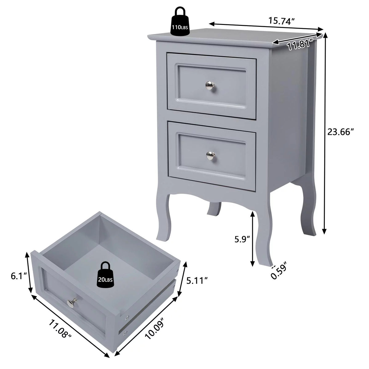 Gray Nightstand with 2 Drawers Set of 2 G7714