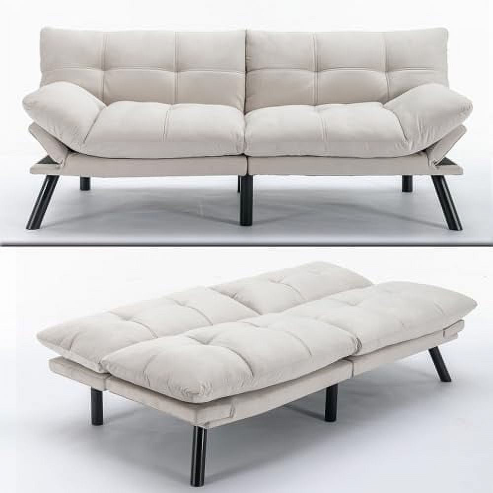 70" Modern Velvet Futon Sleeper Sofa Bed with Adjustable Backrests and Folding Armrest U7728