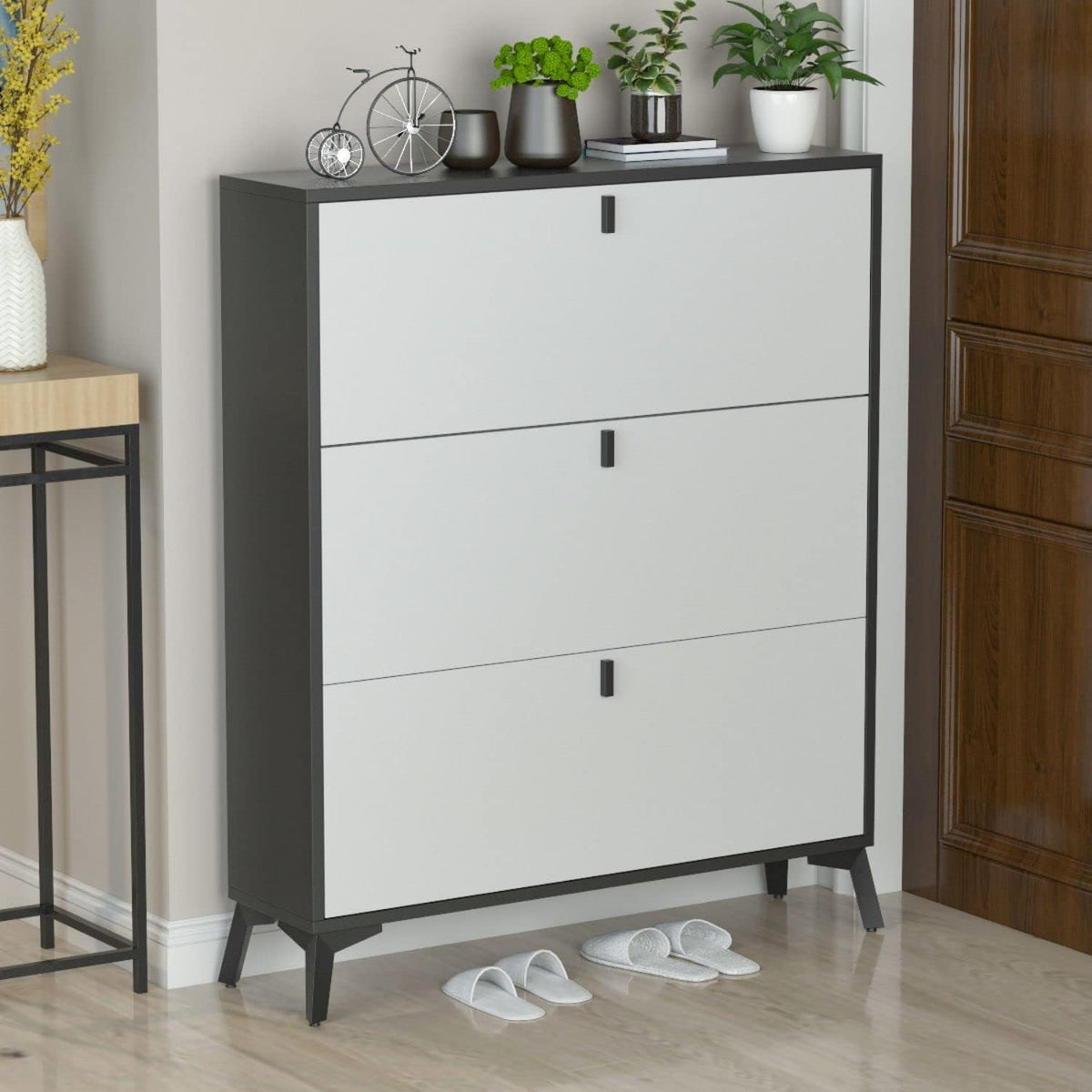 Light Grey Wood Shoe Storage Cabinet with 3 Compartments Z36393