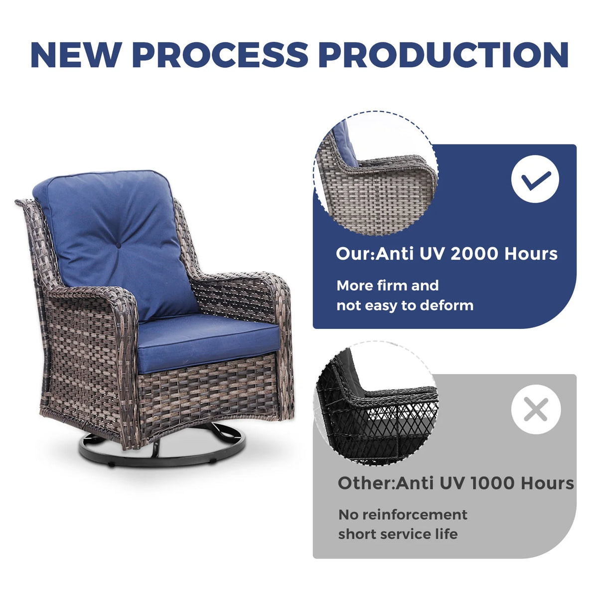 3 Pieces Wicker Patio Furniture Set with Swivel Rocking Chairs and Glass Side Table A97810