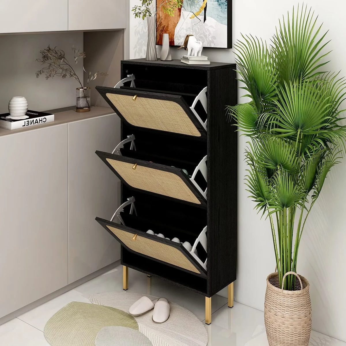 3 Flip Drawer Natural Rattan Shoe Cabinet with Metal Legs H6964