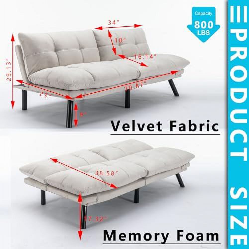 70" Modern Velvet Futon Sleeper Sofa Bed with Adjustable Backrests and Folding Armrest U7728