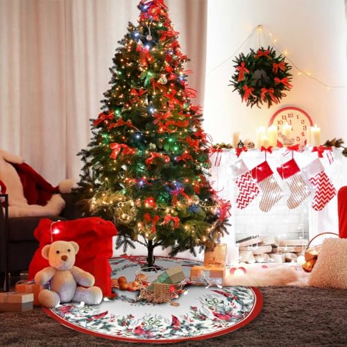 Christmas Tree Skirt 36 Inches Red Poinsettia Floral Holly Leaves White U736