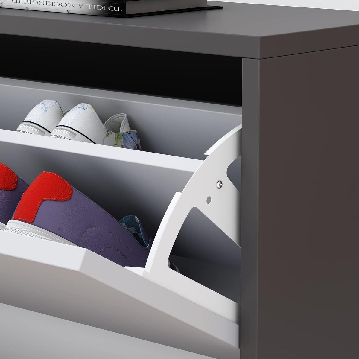 Light Grey Wood Shoe Storage Cabinet with 3 Compartments Z36393