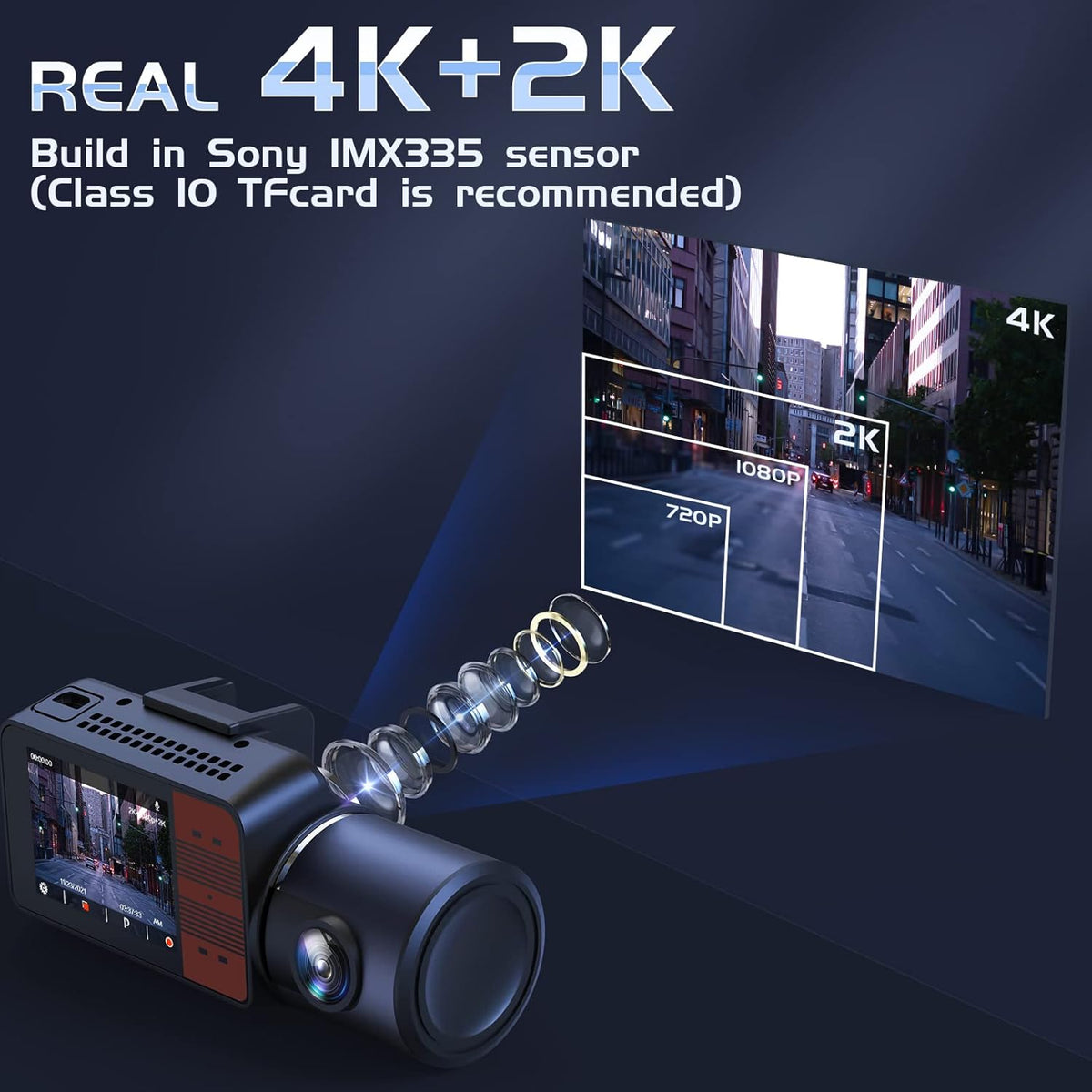 4K 3 Channel Dashcam with IR Night, 24/7 Recording Parking Mode, Black O78232
