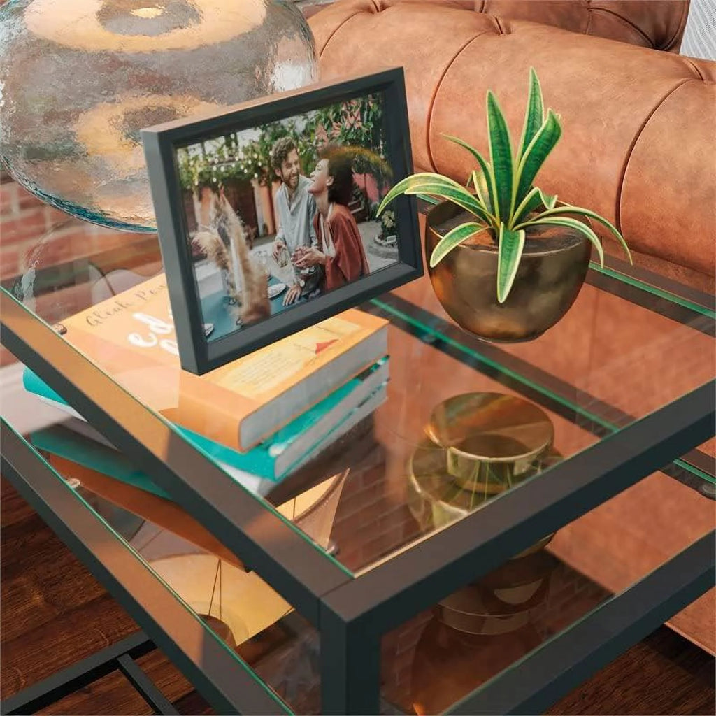 Black Metal End Table with Tempered Glass Top D886898