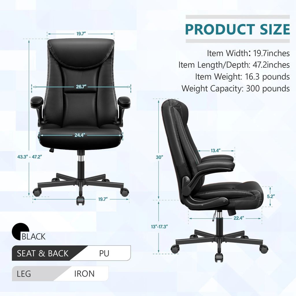 Black Leather Ergonomic Executive Office Chair with Adjustable Flip-Up Arms V96583
