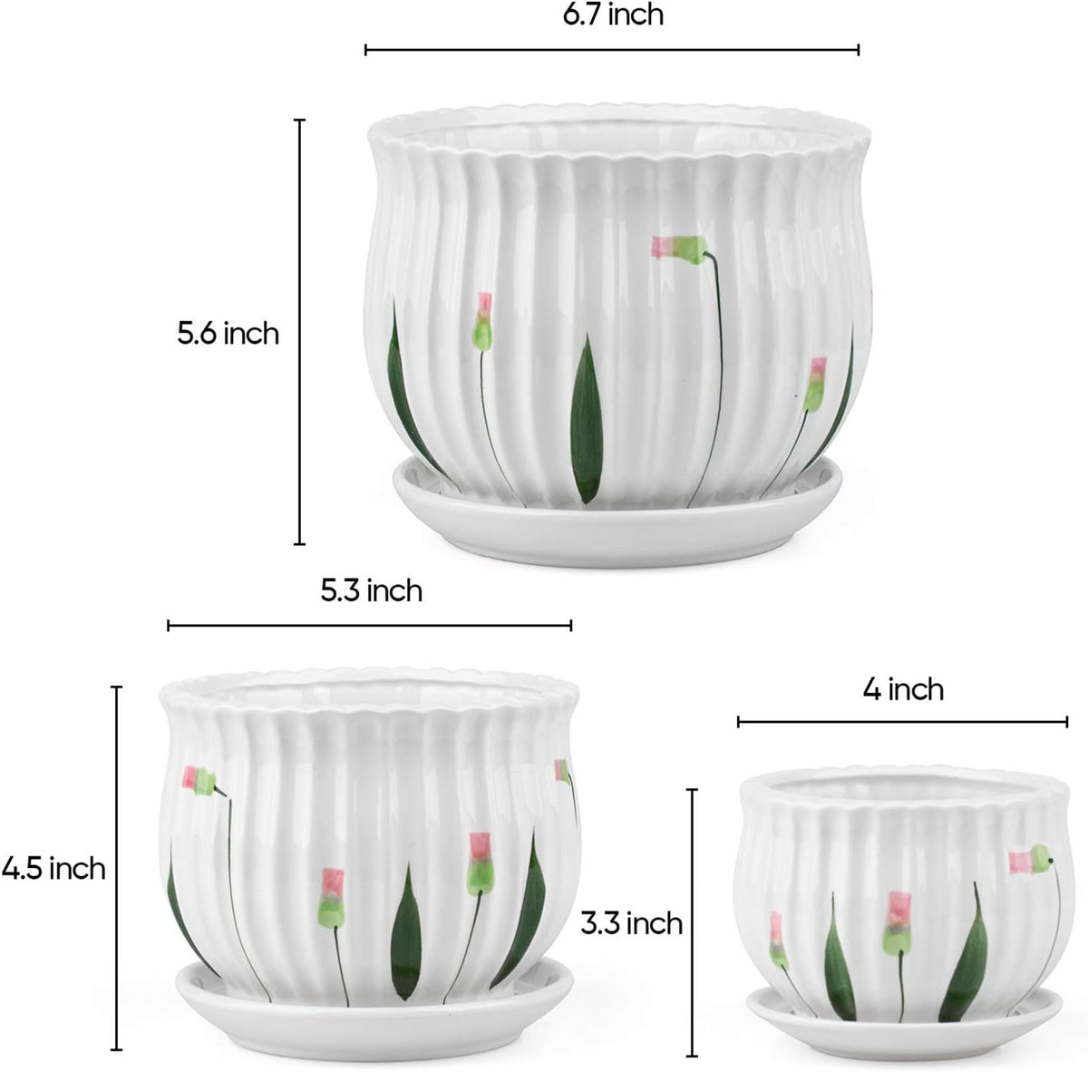 Set of 3 Ceramic Plant Pots with Drainage and Saucer Q159658