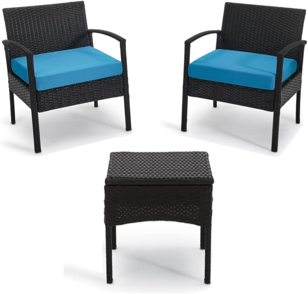 3 PCS Patio Rattan Conversation Chair Set with Coffee Table Blue O92736