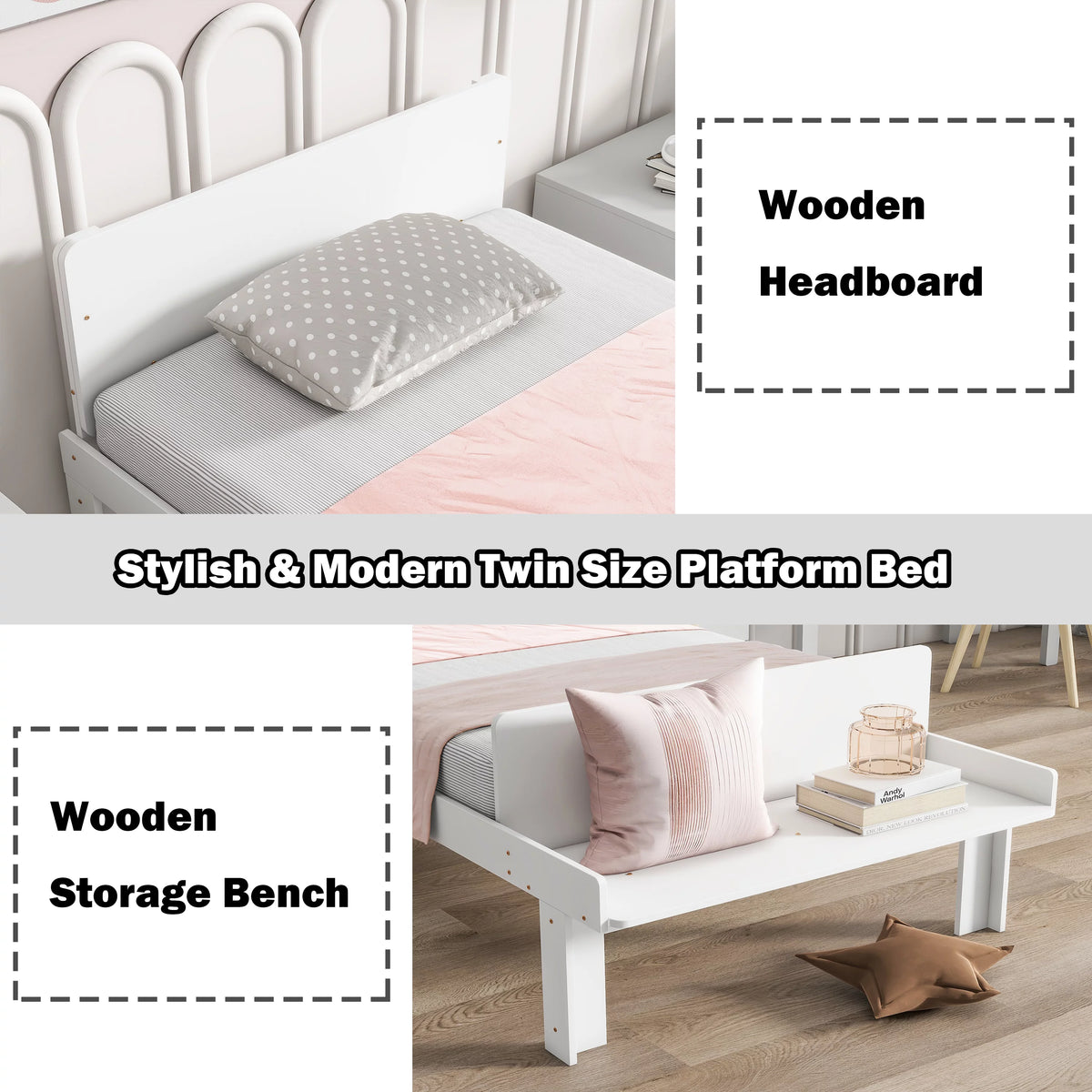 Twin Platform Bed with Bench and Storage L2321
