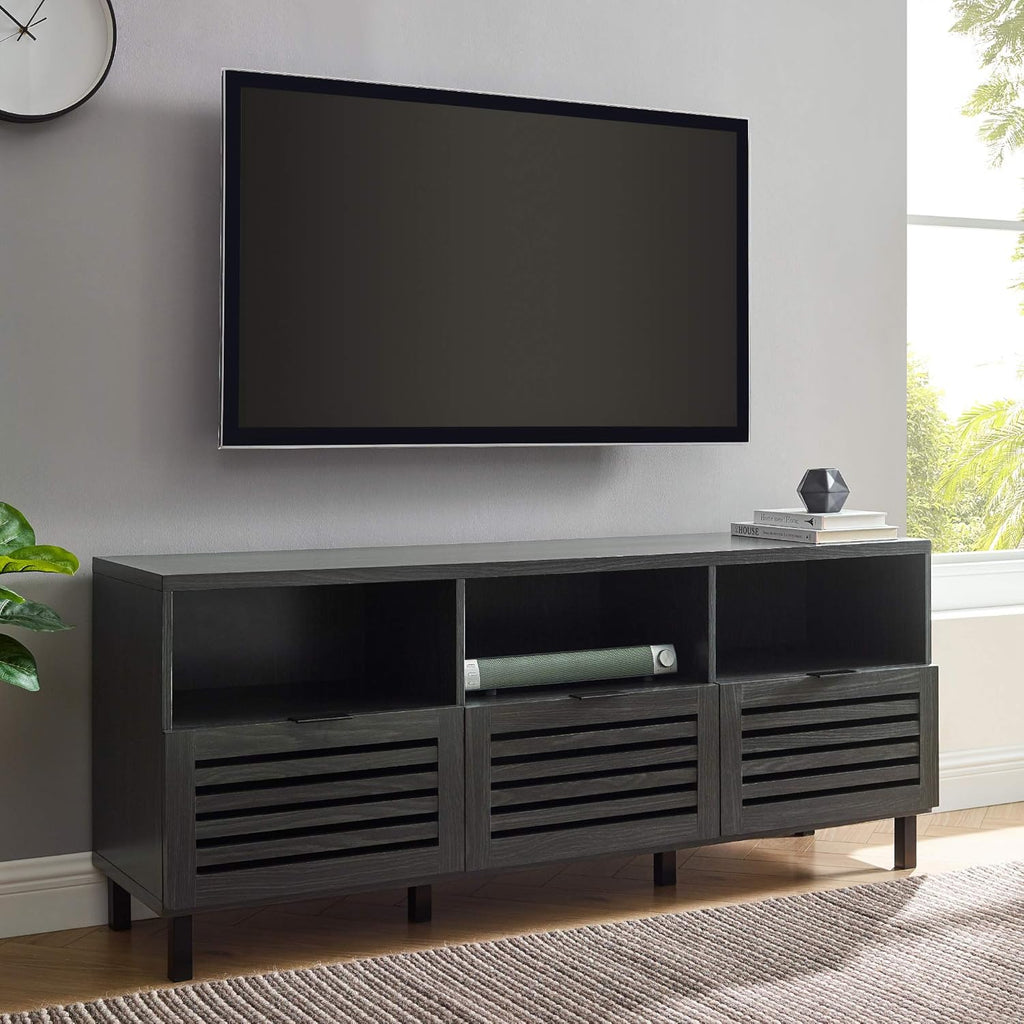 Modern Wood TV Stand with Slat Doors, 58 Inch, Dark Walnut D478445