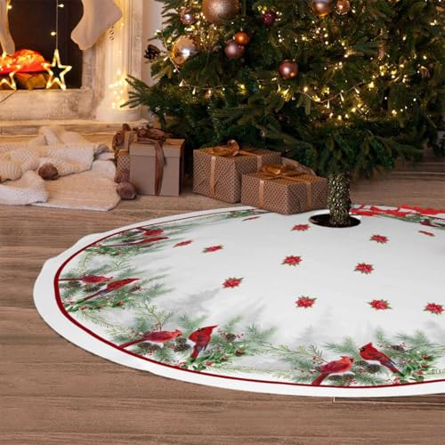 Christmas Tree Skirt 36 Inches Red Poinsettia Floral Holly Leaves White U736