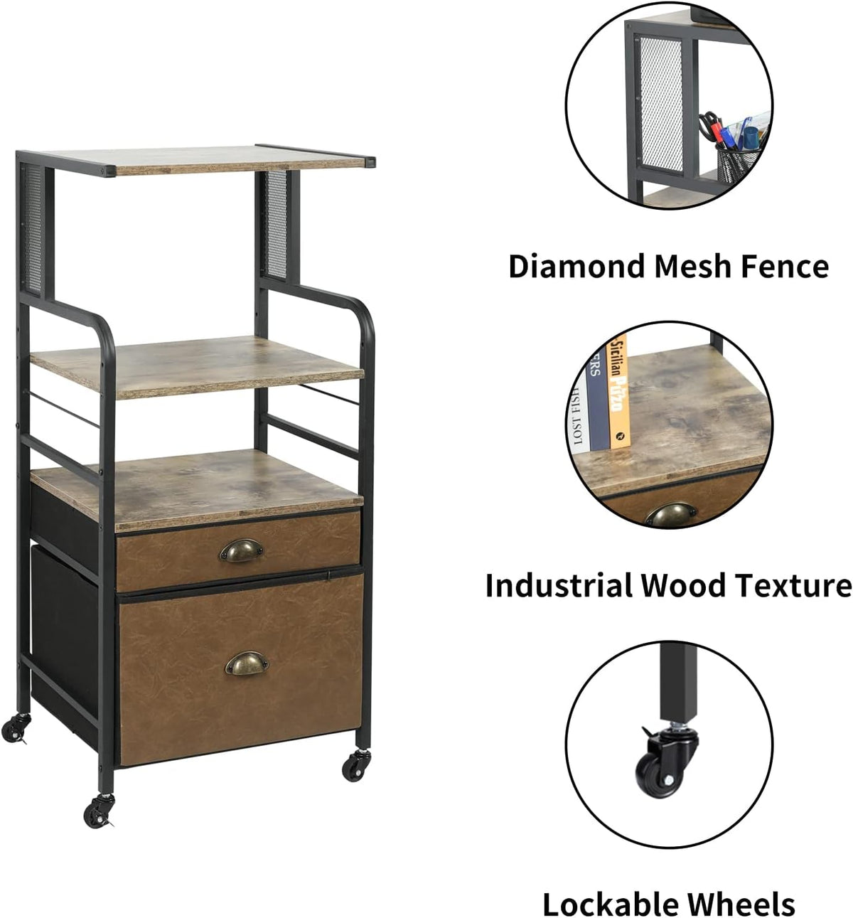 Mobile Printer Stand with File Cabinet, 3 Tier Rolling Cart with 2 Drawers K776