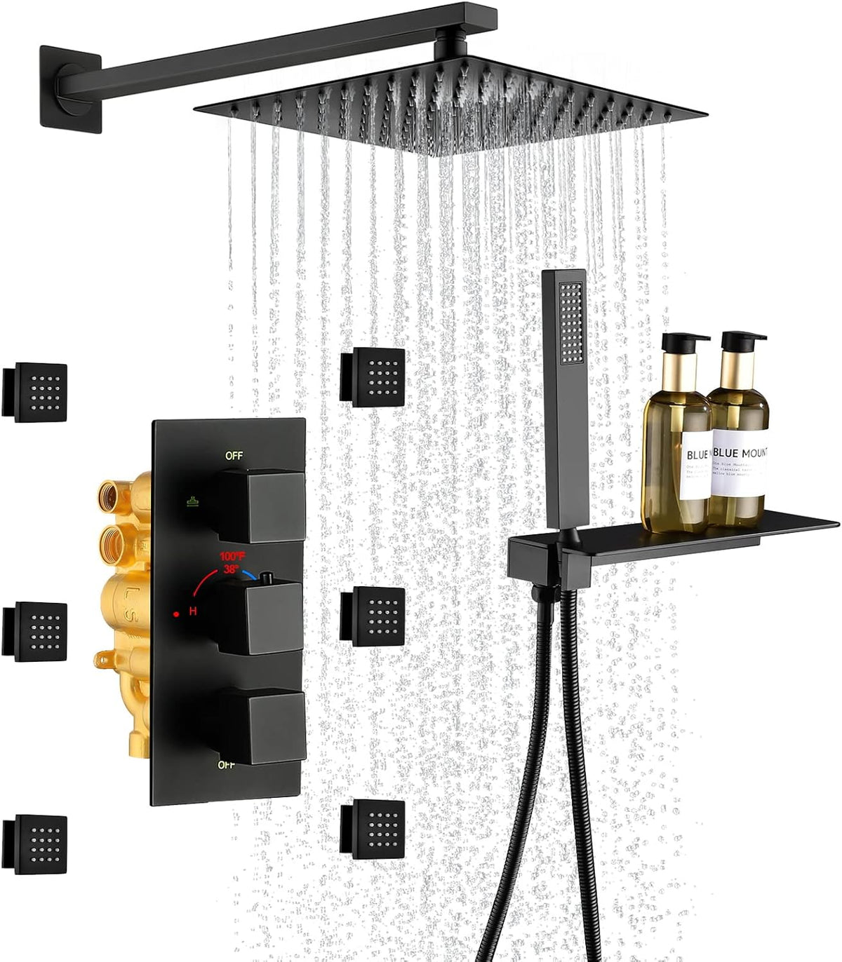 Matte Black Shower System with 6 Body Jets, 12 Inch Wall Mounted Rainfall Shower Head with Handheld Thermostatic Valve Shower Combo Kit H72439