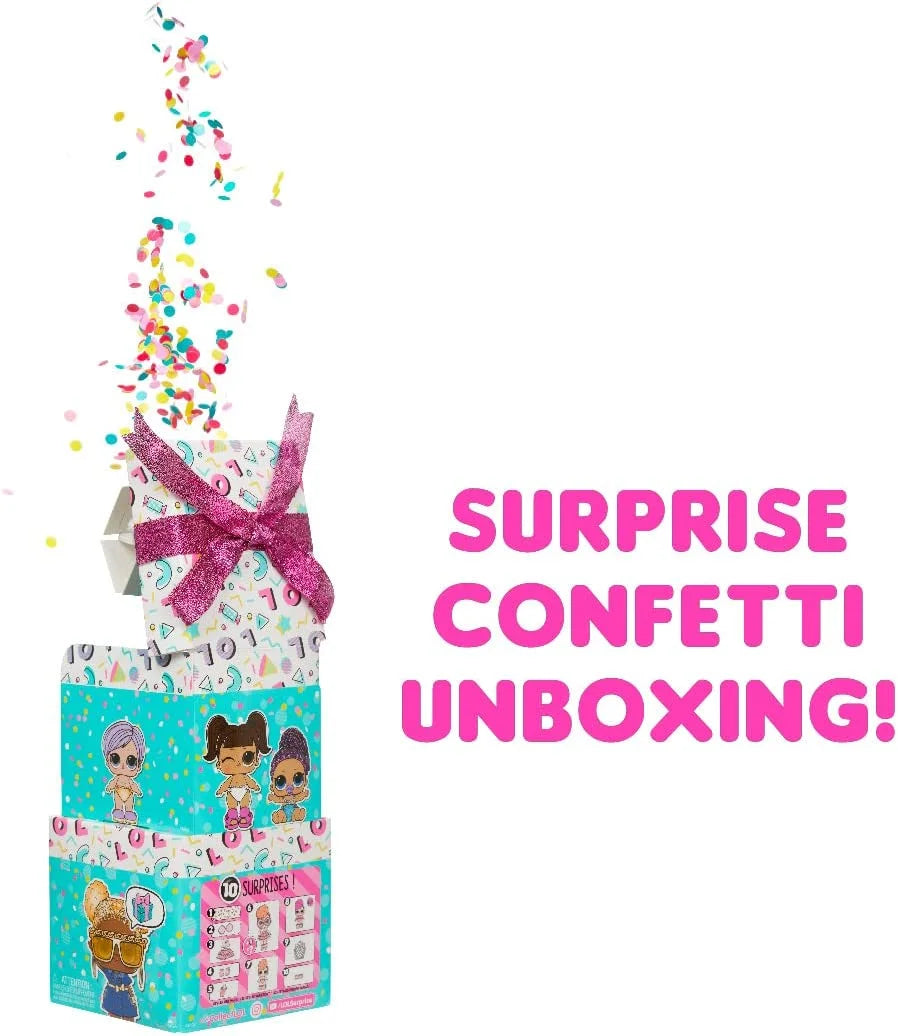 LOL Surprise! Confetti Pop Birthday Sisters doll with Lil Sister, 10 surprises, accessories, limited edition doll, present box packaging T4838