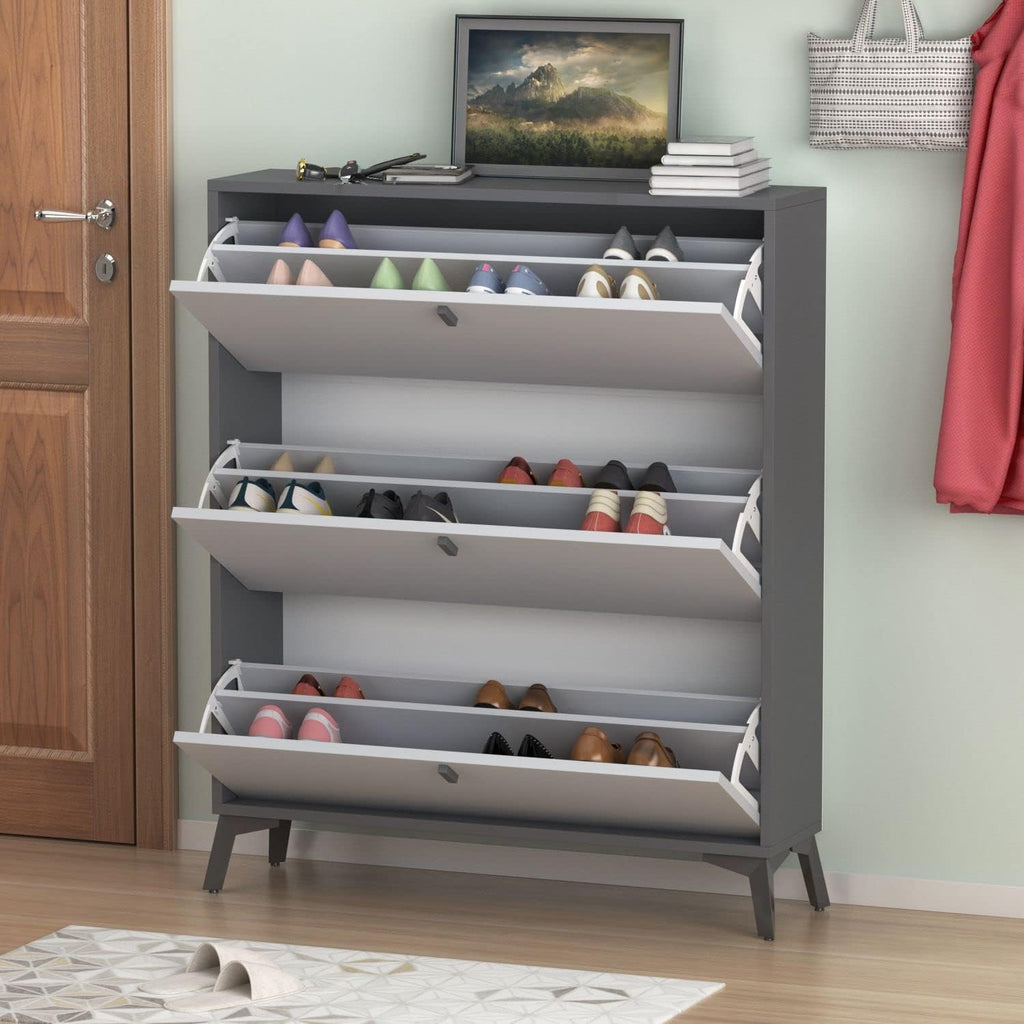 Light Grey Wood Shoe Storage Cabinet with 3 Compartments Z36393