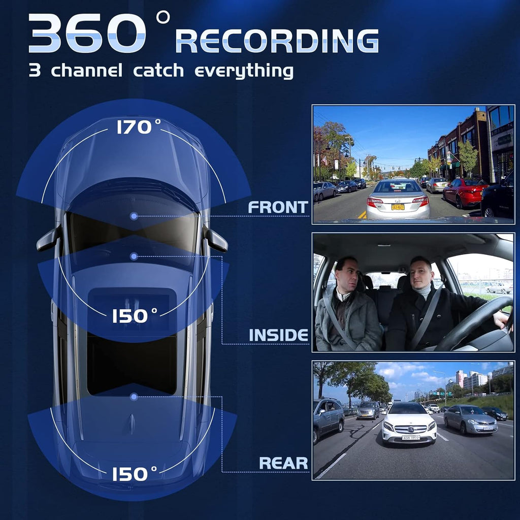 4K 3 Channel Dashcam with IR Night, 24/7 Recording Parking Mode, Black O78232