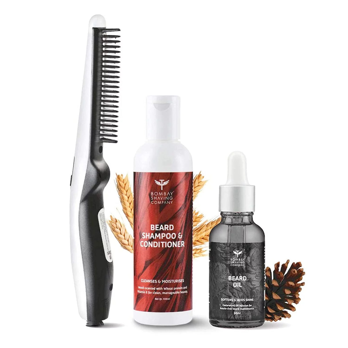 3-in-1 Beard Straightener Kit with Beard Oil, Shampoo & Conditioner F5103
