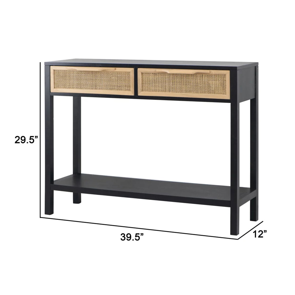 Black Finish Sofa Console Table with 2 Rattan Drawers H999362