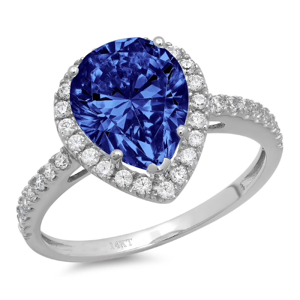 Pear Cut Blue Simulated Tanzanite 18k White Gold Halo Ring X48231