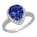 Pear Cut Blue Simulated Tanzanite 18k White Gold Halo Ring X48231
