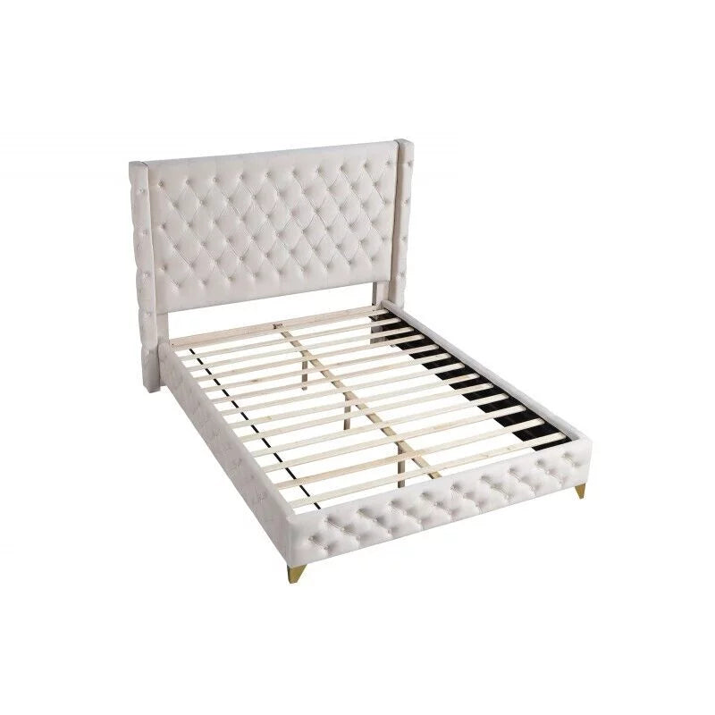 King Platform Bed Cream Velvet Upholstered H667