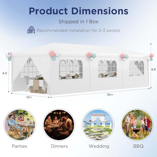 10x30 Ft Waterproof Heavy Duty Canopy with 6 Sidewalls & 2 Zippered Doors, White H8063