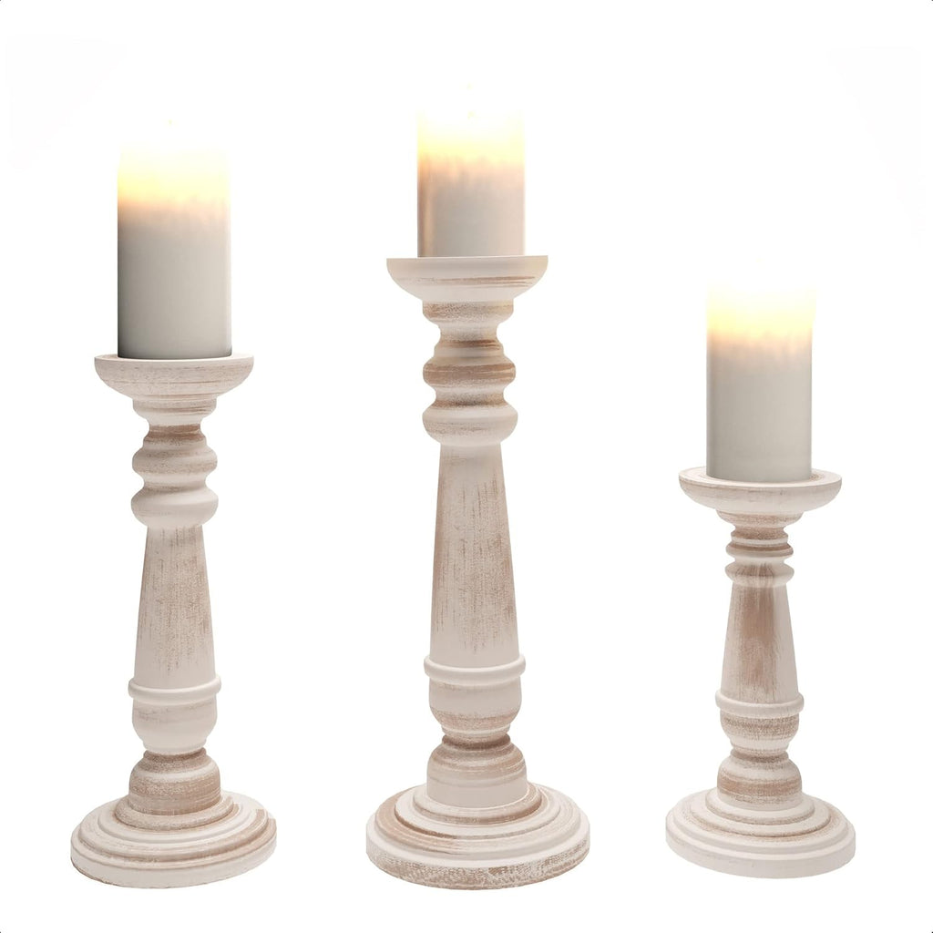Rustic Wood Pillar Candle Holder Stands Set of 3 V301