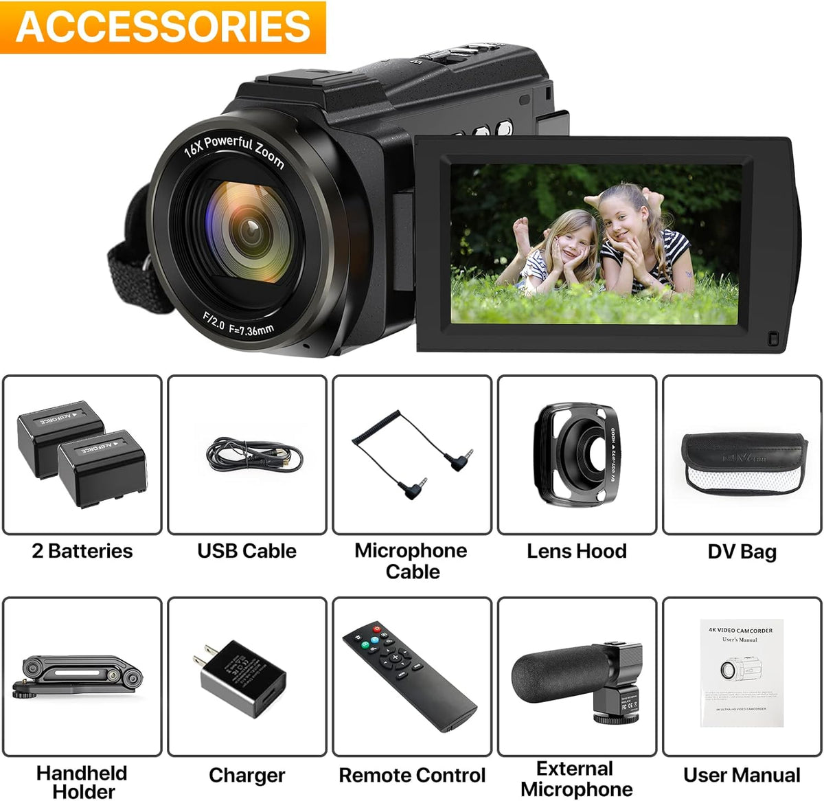 4K UHD Video Camera Camcorder with Microphone H195