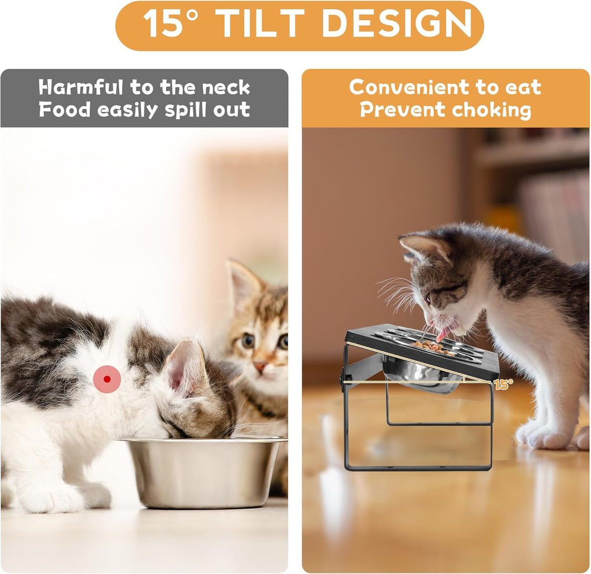 15° Tilted Raised Cat Bowls with Stainless Steel Feeder Bowls E762