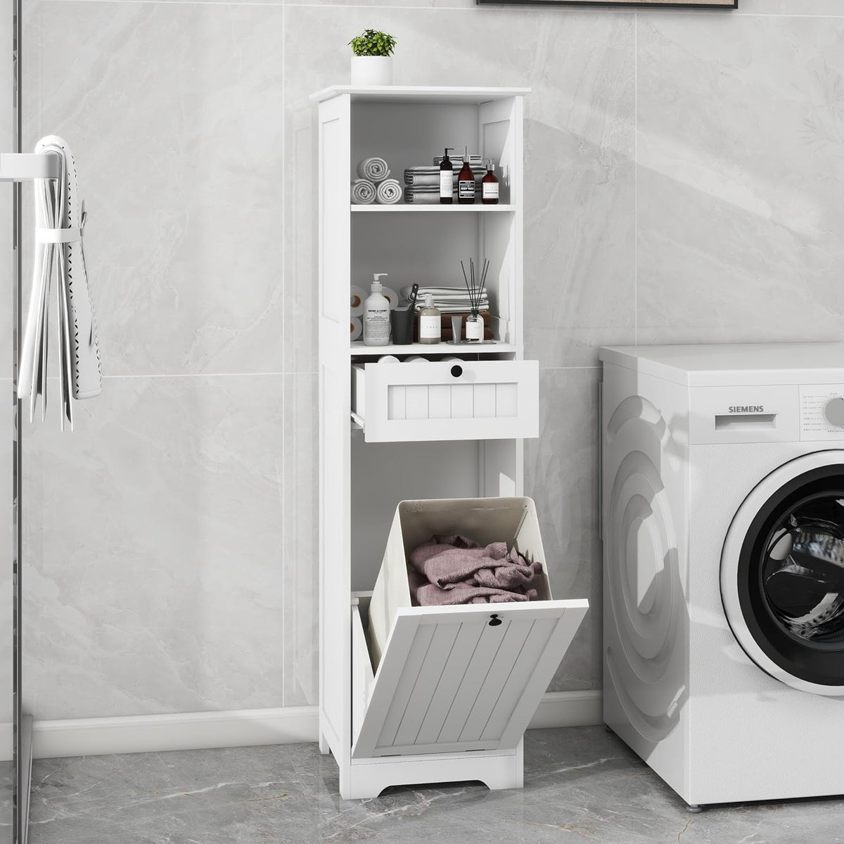Compact Laundry Sorter Cabinet with Tilt-Out Basket Drawer White S82075