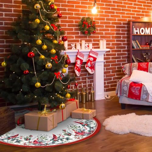 Christmas Tree Skirt 36 Inches Red Poinsettia Floral Holly Leaves White U736