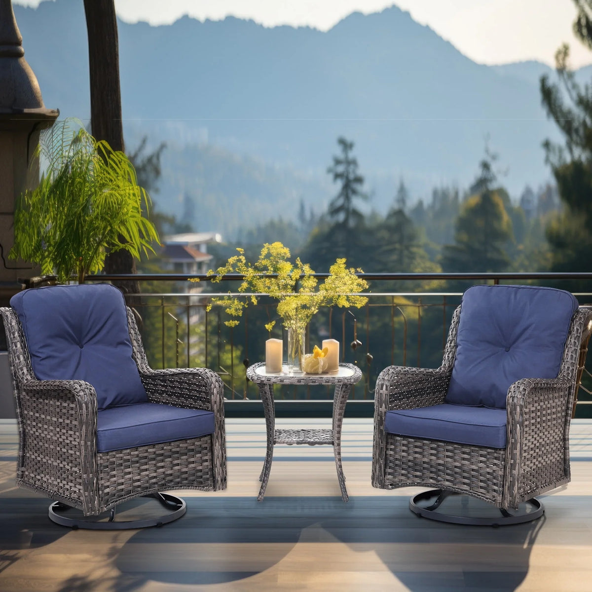 3 Pieces Wicker Patio Furniture Set with Swivel Rocking Chairs and Glass Side Table A97810