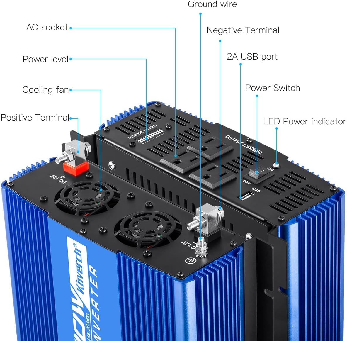 2000W Power Inverter 3 AC Outlets 12V to 110V with USB Port B5201