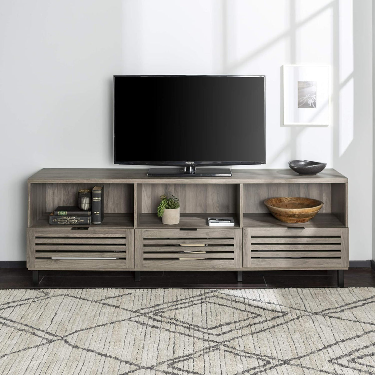 Modern Wood TV Stand with Slat Doors, 58 Inch, Dark Walnut D478445