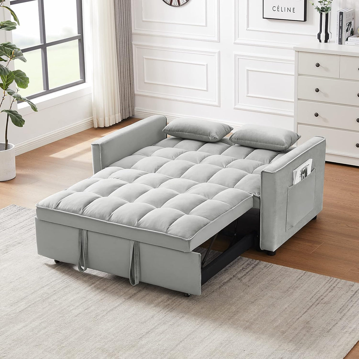 Gray Velvet Loveseat Sofa with Pullout Bed W343050