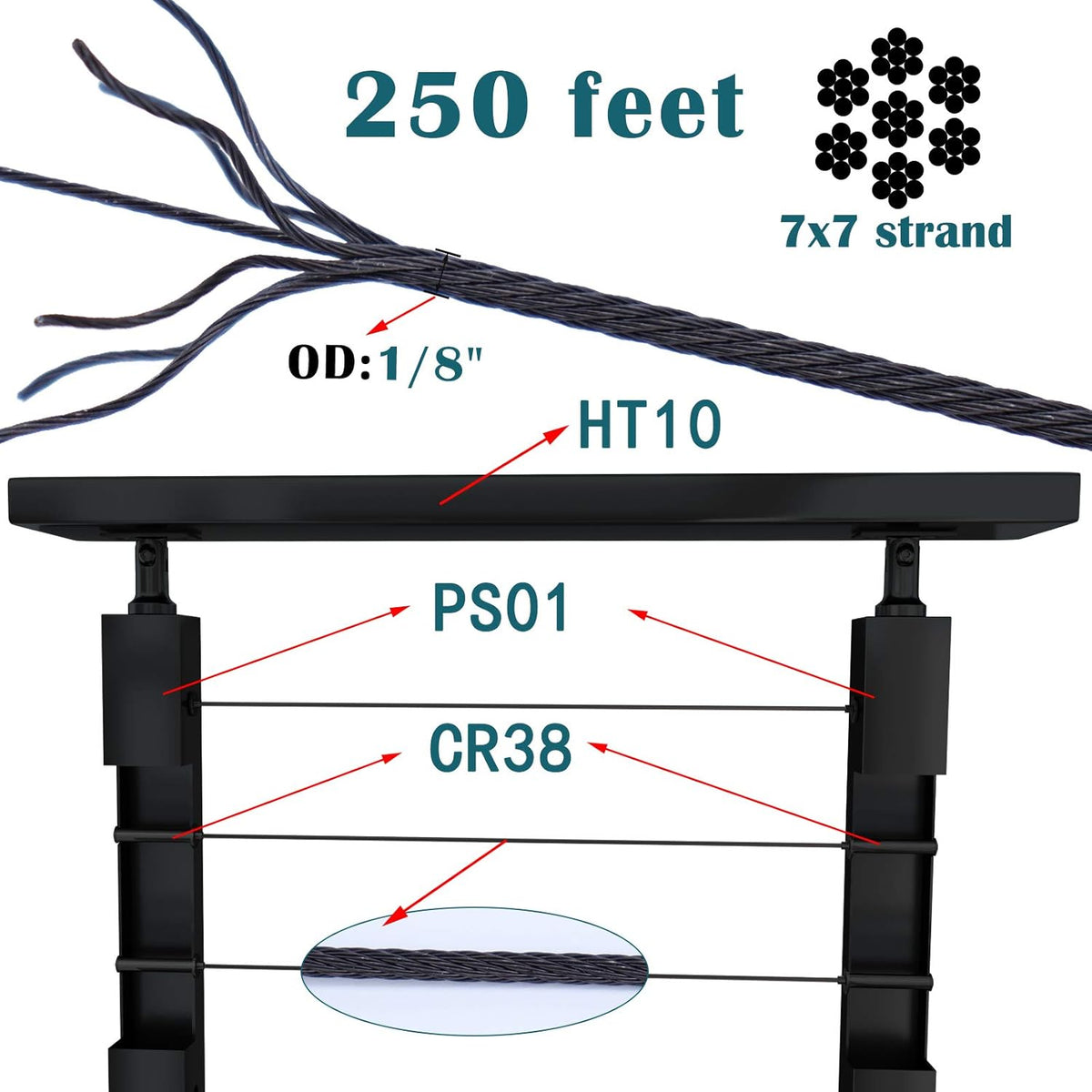 250ft 1/8 Black Wire Rope T316 Stainless Steel Marine Grade 7x7 Strand N533