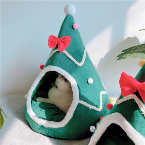Green Christmas Tree Cat Bed with Detachable Pillow A14232