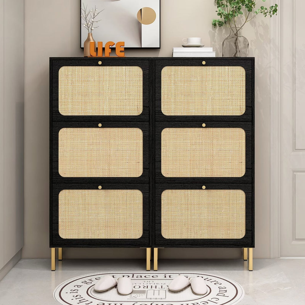 3 Flip Drawer Natural Rattan Shoe Cabinet with Metal Legs H6964