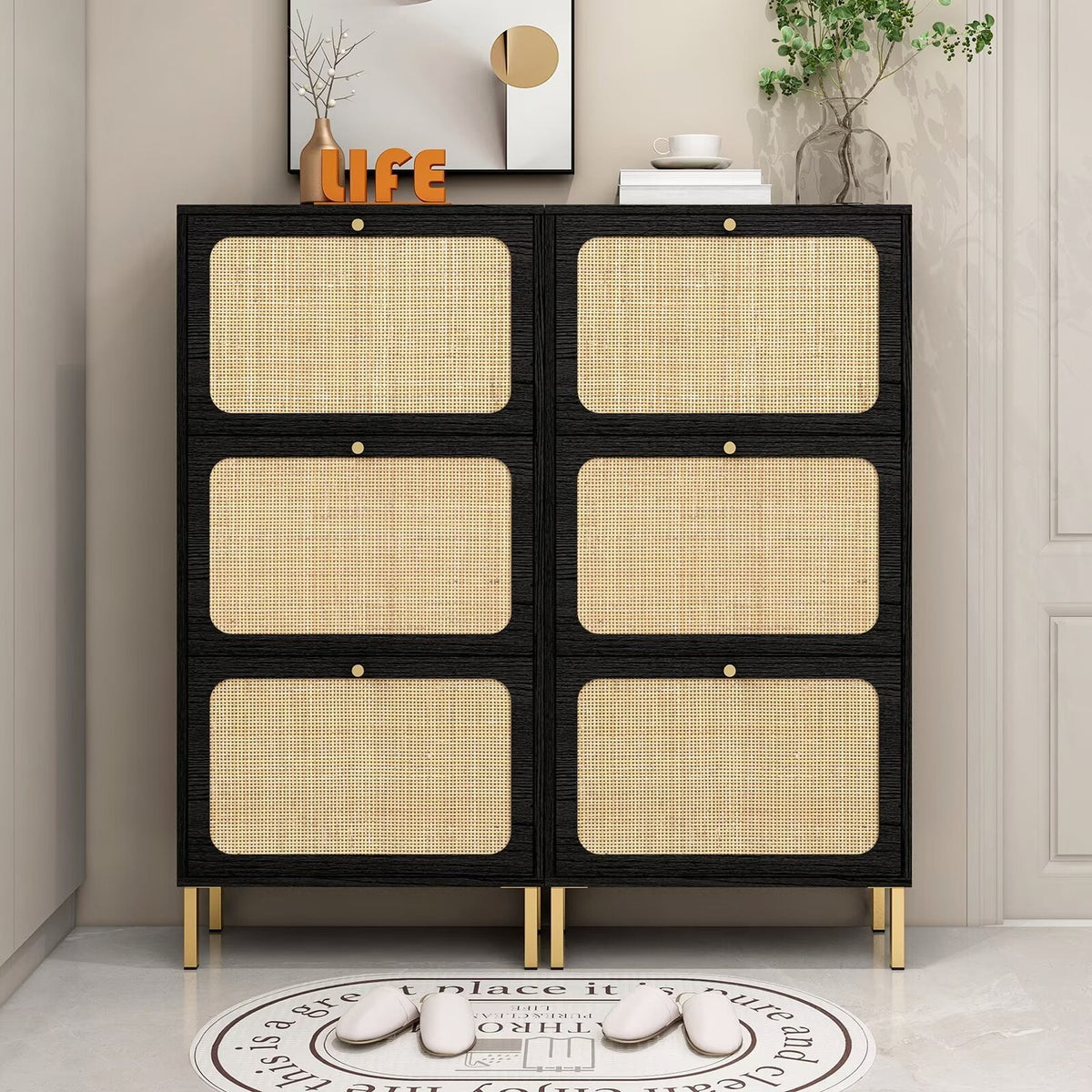 3 Flip Drawer Natural Rattan Shoe Cabinet with Metal Legs H6964