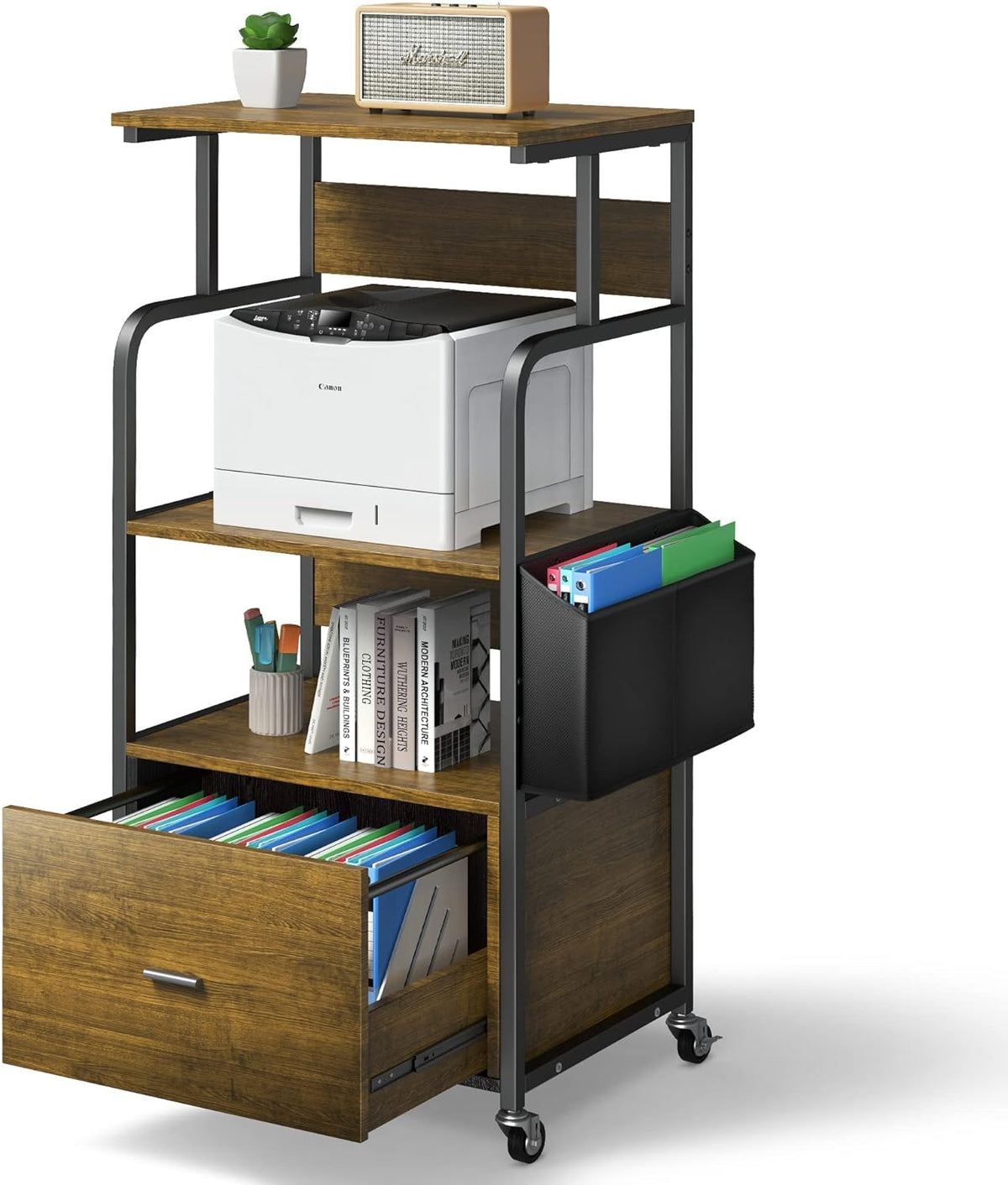 3 Tier Printer Stand with Drawer, Canvas Bag, Metal Hook, Lockable Casters J54212
