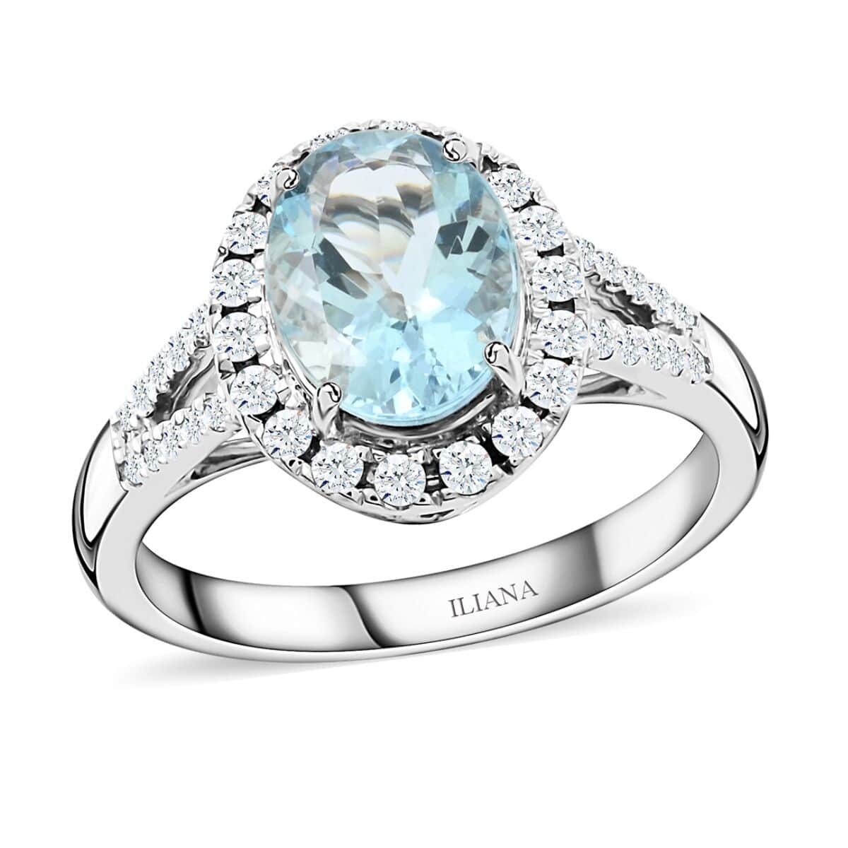 18K White Gold Halo Ring with Blue Aquamarine and White Diamond L392